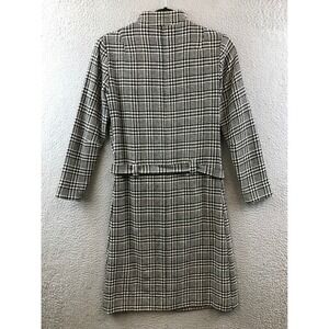 Vintage Style Houndstooth Mini Dress Full Zip Long Sleeve Career Workwear